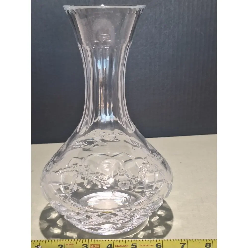Vintage Cut Crystal Vase Floral Etched Pattern Flared Rim Clear Glass 10”